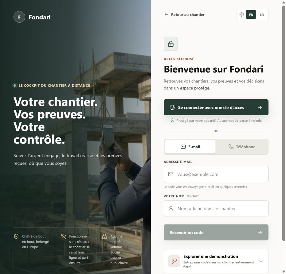 Page de connexion sécurisée de Fondari