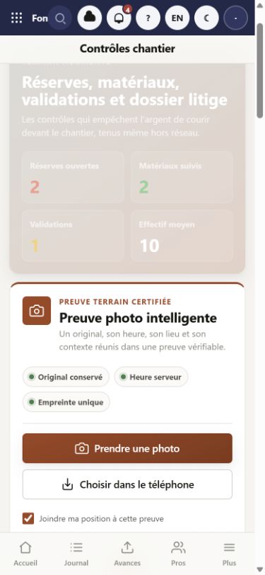 Écran mobile de preuve photo intelligente dans Fondari
